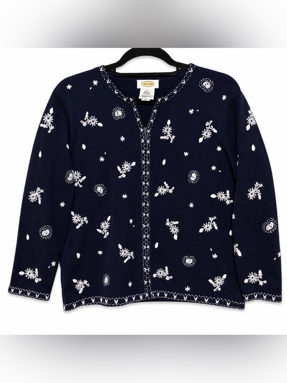 Vintage Talbots Embroidered Cardigan Sweater M Navy Blue White Cotton Zip